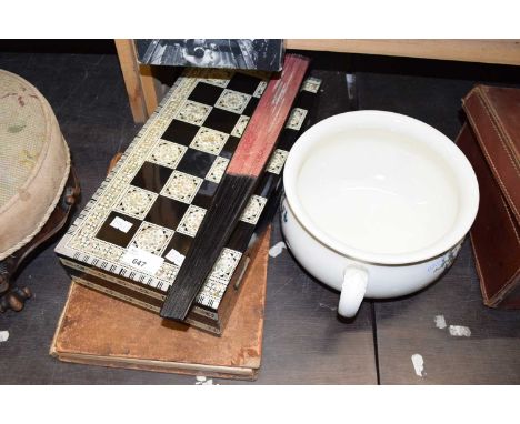 An inlaid backgammon board, one volume The Journal of Frederick Hornemans Travels, a parasol and a further chamber pot