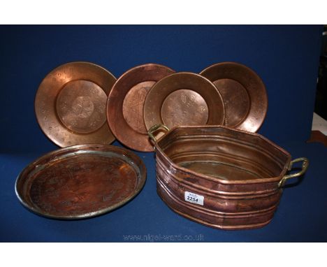 A quantity of Copper items including four plates, planter and dish, a/f.