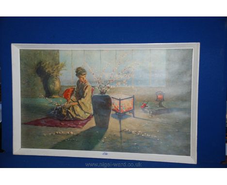 A large framed Print depicting interior with girl, blossom and vase.