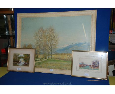 A pair of Watercolours Fisherman and a girl collecting sticks, together with a large framed Print of a path leading through a