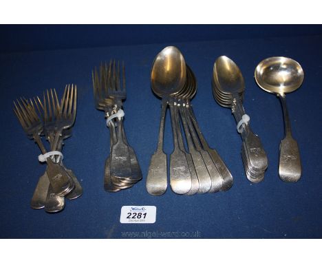 A Good Quality Six Place Fiddleback Pattern Part Cutlery Service by Dixon of Sheffield Comp Dinner & Dessert Forks, Serving &