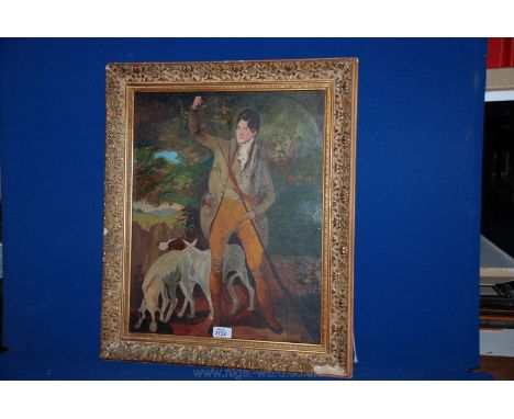A primitive Oil painting in ornate gilt frame, being Portrait of country gentleman with his dogs.