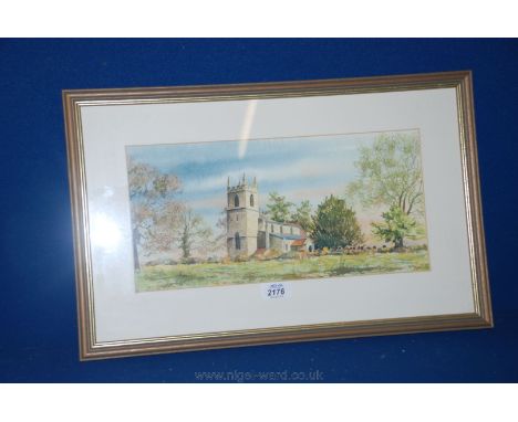 A framed and mounted Watercolour depicting a country church within a churchyard, signed lower right R. Ansell.  15'' x 7 1/4'
