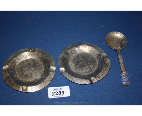 A Norwegian sterling Silver and enamel Spoon and two hand crafted continental Silver Ashtrays.