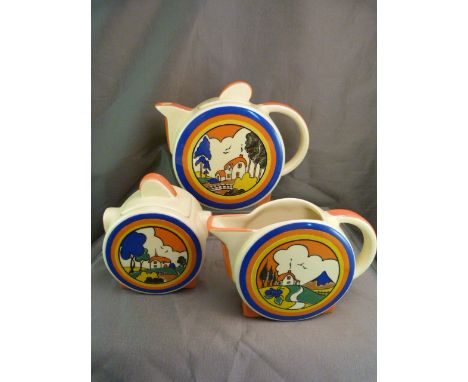 Moorland' Chelsea Works Burslem staffordshire Clarice Cliff style three piece tea service in the Bizarre Pattern