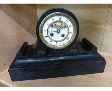 French Sloped slate mantle clock by R & C Paris & London with enamelled dial on stepped plinth