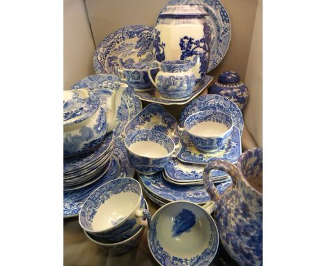 Collection of blue and white china mostly to include Copeland Spode, but also to include Staffordshire Pottery Country Scenes