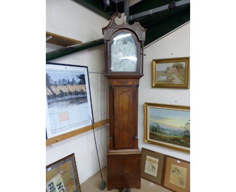 Mahogany and oak case grandfather clock c.1800 with single inlaid door. Under the hood sits and enamelled and handpainted mov