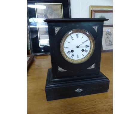 Slate mantle clock with inlaid with marble. White Roman Number dial is enamelled and surrounded by Gilt Decoration. - No Key