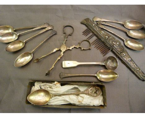 Set of eight hallmarked silver teaspoons 1897, along with matching sugar nips. also to include a hallmarked silver mustard sp
