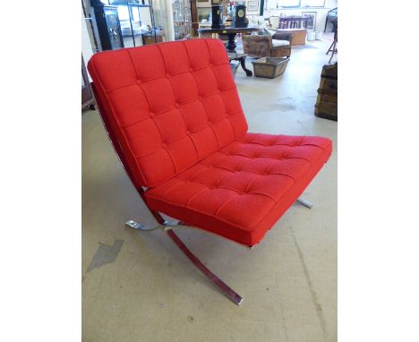 Red and Chrome Barcelona style chair. Newly re-upholstered red button back cushions. 