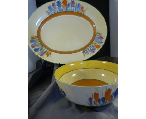 CLARICE CLIFF - from the Bizarre collection crocus pattern. Bowl with brown yellow and green banding and the platter in the s