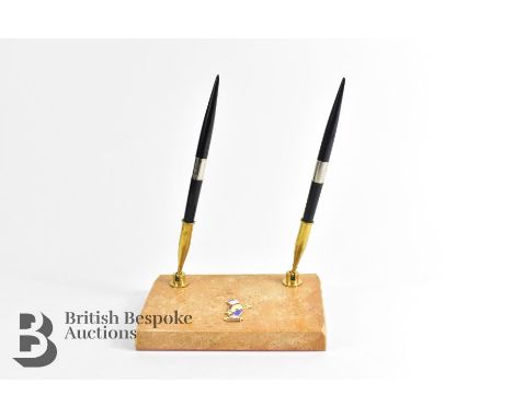 Dunlop Rubber Company showroom desk pen set on Travateen marble base with 'Johnny Dunlop' in enamel, the logo emblem of the D