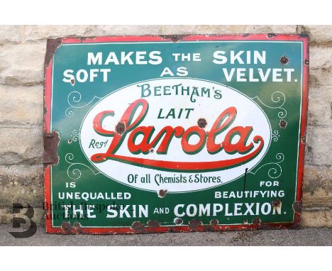 Beetham's Lait Larola Enamel Sign 'Makes the skin soft as velvet, unequalled for beautifying the skin &amp; complexion', appr