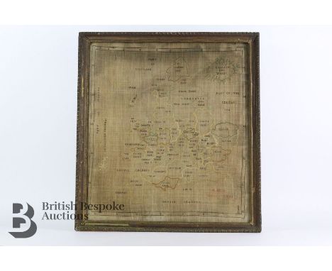 A rare map sampler made to teach writing, needlework and basic geography of counties of England, c1780-1820. This example was