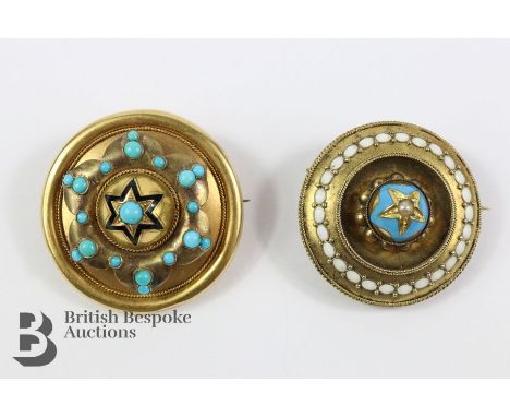 Victorian 14ct turquoise and enamel floral approx 38 mm and a 14ct white enamel, turquoise and seed pearl pendan/brooch appro