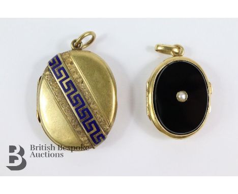 9ct yellow gold and enamel Greek key design oval locket approx 30 x 25 mm and 9ct black onyx and seed pearl locket approx 25 
