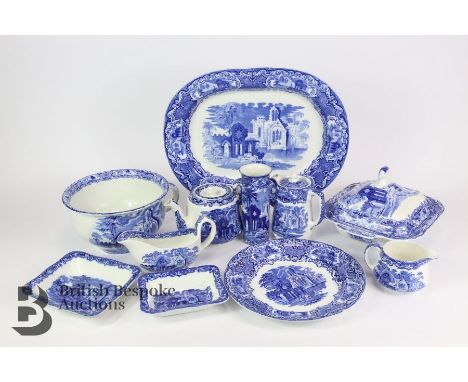 George Jones blue and white ironstone, Abbey pattern, including two tureen and covers, three graduated meat platters, sauce b