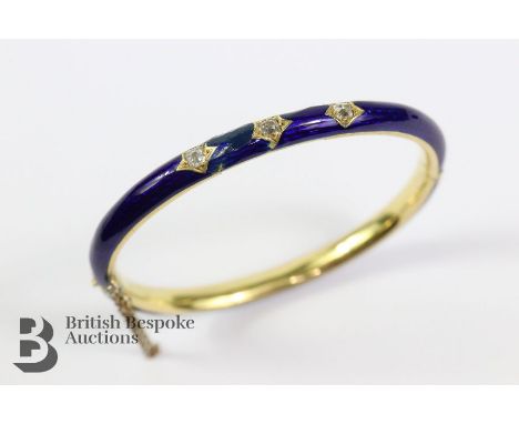 Antique 18ct yellow gold and blue enamel bangle, set with three old-cut diamonds, the ring set with three 8pts of old-cut dia