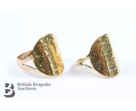 Two 9ct yellow gold coin rings. The first one Birmingham hallmark dated 1907 size R and the companion 9ct stamped, size N, co