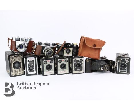 Quantity of vintage Kodak box cameras, including Kodak No 2 folding Cartridge Premo with case, Kodak 35 Kodex No1 with case, 