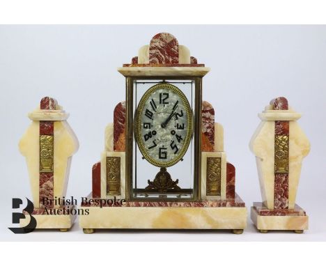 Comptoir Cardinet Paris mantel clock and garniture, the rose and ivory marble clock has a mother of pearl face with numeric d