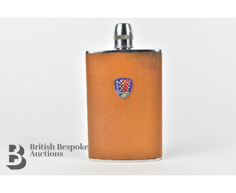 British Automobile Racing Club chrome plated motoring 8oz drinks hip flask in the original pale brown pigs skin leather jacke