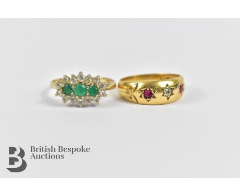 9ct yellow gold emerald and cz ring, together with an 18ct ruby and diamond ring, approx 4.9 gms.&nbsp;