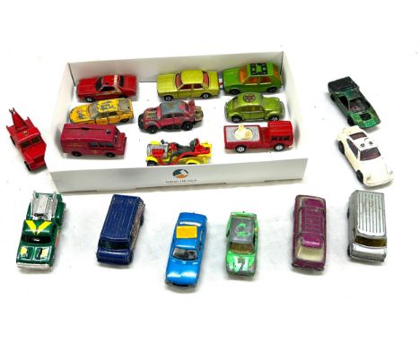 Large selection of vintage diecast cars includes Matchbox, corgi cars etc 