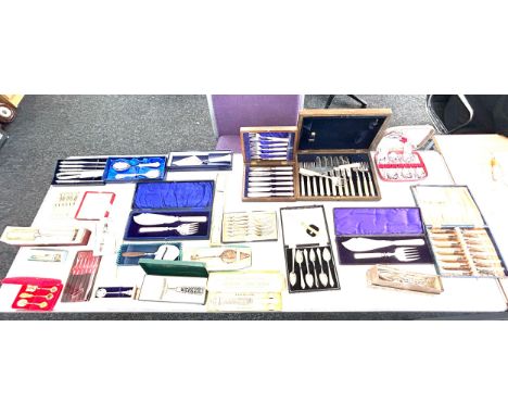 Large selection of vintage cased cutlery sets, silver plated, steel etc 