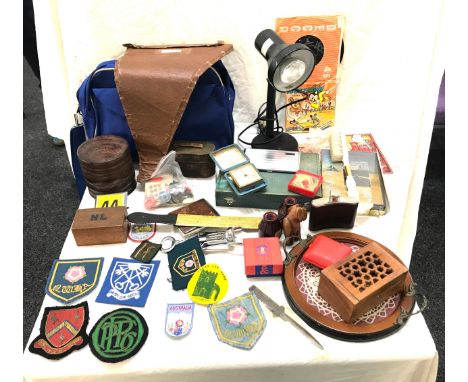 Box of miscellaneous to includes Vintage lamp, silver plated ware, binoculars, Chinese Olympic pins etc 