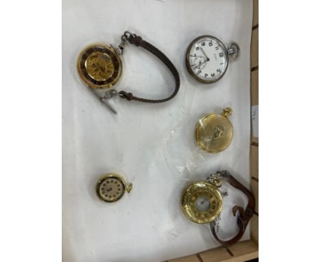 Large selection of vintage and later pocket watches includes Cyma Military pocket watch, Thomas Russell, Swiss made skeleton 
