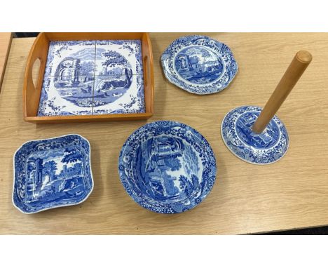 Spode Italian tray, roll holder and dishes 