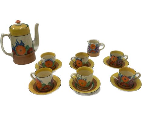 Clarice Cliff Gay Day coffee set includes 6 Cups and saucers, Tea Pot, sugary bowl, Milk Jug is Royal Staffordshire pottery, 