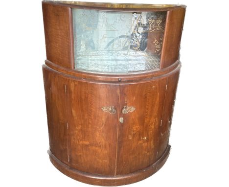 Art deco drinks cabinet measures approx 50 inches tall, 40 inches wide, 15 deep- crack to glass