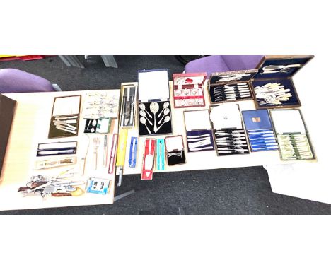 Large quantity or vintage cased cutlery sets, silver plated, steel etc 