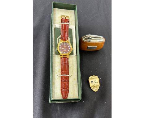 Boxed MG gents wristwatch, MG Staff exhibition badge, MG Morris table lighter (engraved) 