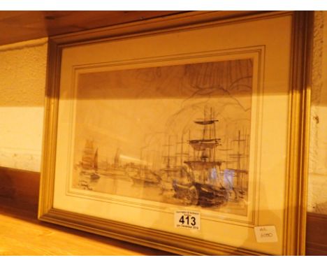 The Harbour of St Malo pencil and watercolour sketch signed J Le Tournier c1930