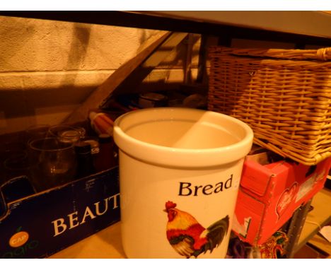 Two boxes of mixed glassware picnic set ceramic bread pot etc