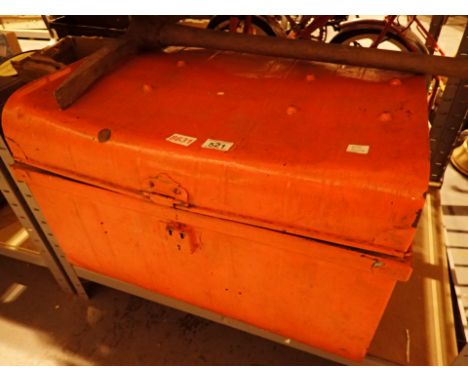 Metal trunk with contents pick axe fork heads shovels etc 