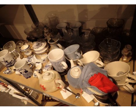 Selection of Delft ware ceramic ornaments and glassware