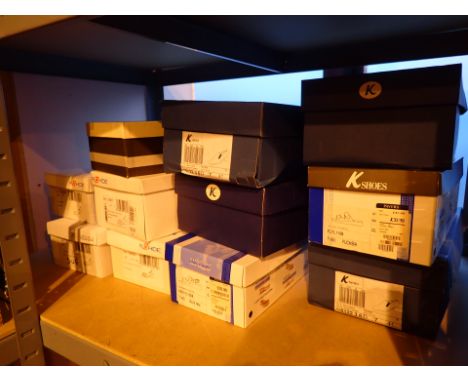 Shelf of new and nearly new ladies boxed shoes mainly size 7