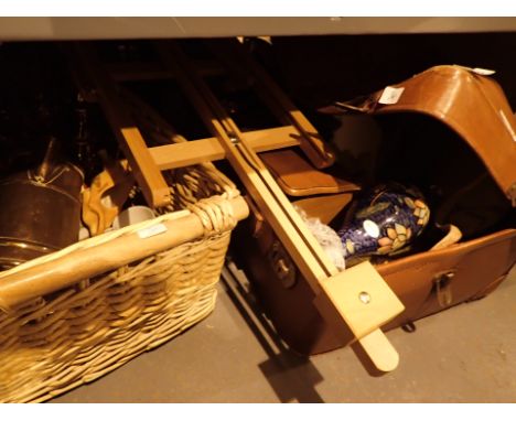 Vintage leather suitcase and wicker basket with mixed ceramic etc 