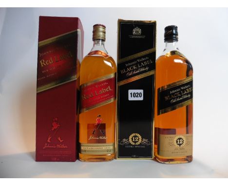 2 bottles Johnnie Walker old Scotch Whisky with boxes, 1x Black Label Duty Free Extra Special 12 yr old 43% 1 litre & 1x Red 