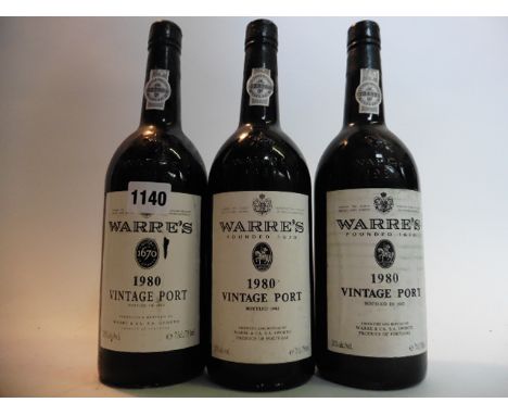 3 bottles of Warre's 1980 vintage port bottled in 1982 75cl 20% (ullages top shoulder/in neck)