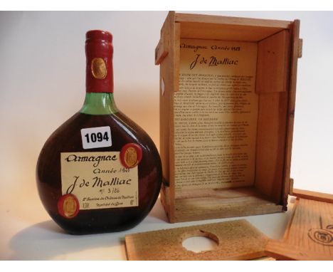 A bottle of J de Malliac Armagnac vintage 1928 with own wooden box and wax seal 70cl / 24floz 40%/70% proof Bottle number 3/2