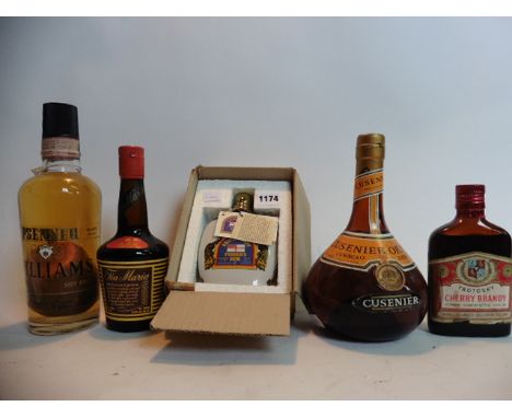 5 various bottles, 1x Pusser's British Navy Rum ceramic hip flask 20cl 54%, 1x Tia Maria coffee liqueur 35cl, 1x Psenner Will