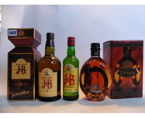 3 various bottles, 1x Dimple fine old original 15 yr old deluxe Scotch Whisky with box  40% 70cl, 1x Justerini & Brooks J&B 1