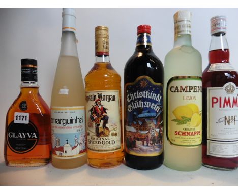 6 various bottles, 1x Glayva whisky liqueur 50cl 35%, 1x Pimms No 1 cup 70cl 25%,  1x Captain Morgan spiced gold rum 70cl 35%