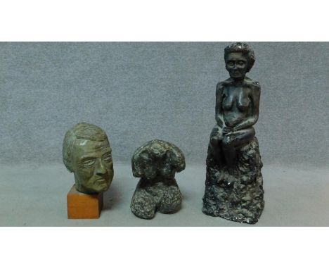 Three vintage cast fibre glass bronze effect sculptures of various human forms. H.71cm (tallest) 